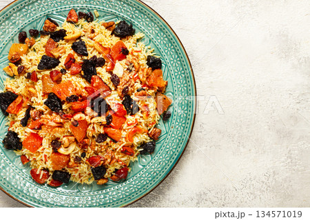 rice dish with dried fruits, nuts and spices of Middle Eastern cuisine, homemade, no people, rice dish with dried fruits, nuts and spices of Middle Eastern cuisine, homemade, no people, 134571019