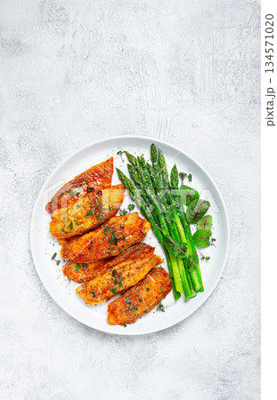 fried fish fillet, tilapia with asparagus, homemade, no people, fried fish fillet, tilapia with asparagus, homemade, no people, 134571020