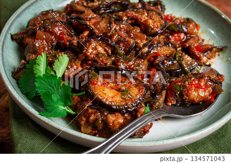 meat with eggplant, Georgian dish, homemade, no people 134571043