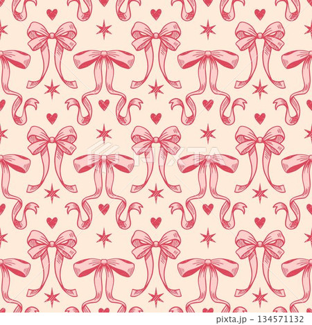 A coquettecore seamless pattern with hand-drawn bows and hearts in romantic flirty pink and ivory white tones. Perfect for vintage festive wedding or holiday aesthetics. A coquettecore seamless pattern with hand-drawn bows and hearts in romantic flirty pink and ivory white tones. Perfect for vintage festive wedding or holiday aesthetics. 134571132