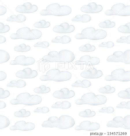 Blue Clouds watercolor seamless pattern isolated. Gentle cloud repeat hand painted in pastel tones. Design for baby textile, nursery wallpaper and bedding. Delicate neutral background with clouds. Blue Clouds watercolor seamless pattern isolated. Gentle cloud repeat hand painted in pastel tones. Design for baby textile, nursery wallpaper and bedding. Delicate neutral background with clouds. 134571269