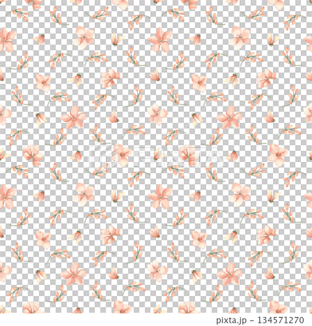 Gentle watercolor seamless pattern with tiny hand drawn flowers, buds peach colors isolated. Ditsy print for baby textile design, nursery wallpaper. Childish surface pattern in pastel tones. 134571270