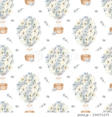 Blue Floral Balloons seamless print isolated background. Watercolor hot air balloons with blossoms pale blue palette painted. Endless pattern for baby textiles and wall decor. Baby wrapping paper. Blue Floral Balloons seamless print isolated background. Watercolor hot air balloons with blossoms pale blue palette painted. Endless pattern for baby textiles and wall decor. Baby wrapping paper. 134571275