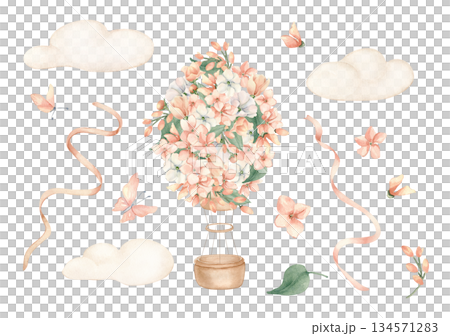 Little Pink Flowers on Hot Air Balloon clipart. Hand painted beige clouds, butterflies and satin ribbons in soft peach tones. Watercolor illustration set for nursery prints and girls room decor. 134571283
