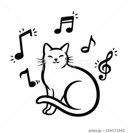 Happy cat with musical notes line art. Smiling kitten listening to music vector illustration. Happy cat with musical notes line art. Smiling kitten listening to music vector illustration. 134571443