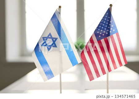 Close-up of Israel and United States table flags for meeting and negotiation Close-up of Israel and United States table flags for meeting and negotiation 134571465