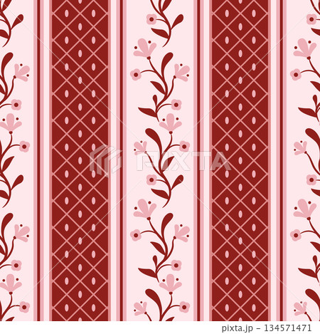 Vector whimsy floral stripe pattern. Red seamless elegant border pattern. Perfect for wallpaper, wrapping paper, textile and stationery. Vector preppy pattern Vector whimsy floral stripe pattern. Red seamless elegant border pattern. Perfect for wallpaper, wrapping paper, textile and stationery. Vector preppy pattern 134571471