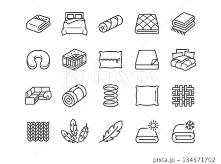 Bedroom and bedding line icon set. Vector illustration collection of beds, pillows, mattresses, blankets, textiles, feathers, and sleep-related symbols in minimalist black outline style. 134571702
