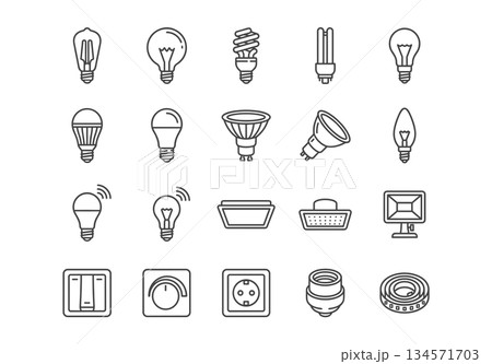 A set of 20 black outline vector icons for electricity and lighting. Includes bulbs, switches, sockets, spotlights, and smart home devices. Simple line art style on a white background. A set of 20 black outline vector icons for electricity and lighting. Includes bulbs, switches, sockets, spotlights, and smart home devices. Simple line art style on a white background. 134571703