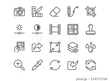 Set of 20 minimalist photo editing line icons. Clean black outline vector symbols for photography software, camera tools, and UI design. Set of 20 minimalist photo editing line icons. Clean black outline vector symbols for photography software, camera tools, and UI design. 134571704