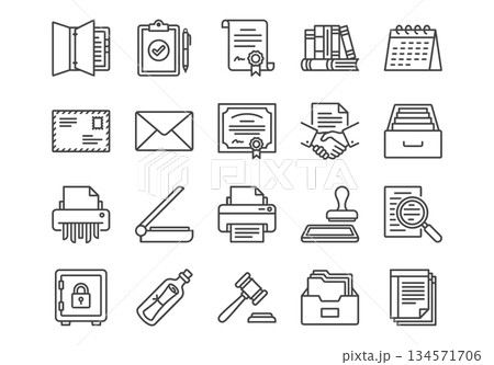 Business and office line icons set. Vector illustration collection of documents, legal, mail, and administration symbols in minimalist black outline style isolated on white background. Business and office line icons set. Vector illustration collection of documents, legal, mail, and administration symbols in minimalist black outline style isolated on white background. 134571706