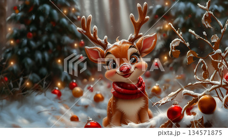 Illustration of reindeer, character, mascot, banner with copy space, Happy New Year and Merry Christmas Illustration of reindeer, character, mascot, banner with copy space, Happy New Year and Merry Christmas 134571875