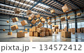 Cardboard boxes fly through the air at a postal warehouse. Shelves with boxes in a postal warehouse.  134572412