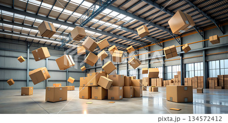 Cardboard boxes fly through the air at a postal warehouse. Shelves with boxes in a postal warehouse. Cardboard boxes fly through the air at a postal warehouse. Shelves with boxes in a postal warehouse. 134572412