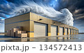 Hurricane at the postal warehouse. Shelves with boxes in a postal warehouse. Parcel storage place. 134572413