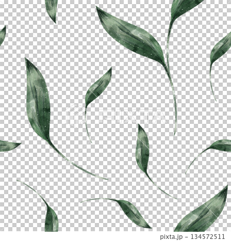Seamless watercolor pattern with vibrant green leaves on white background. Hand-drawn botanical illustration for wallpaper, garden-themed fabric, rustic kitchen print, herbal labels, natural paper 134572511