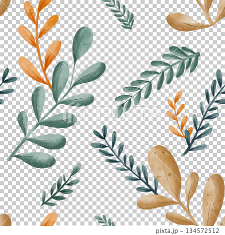 Seamless watercolor pattern of green, orange and beige autumn leaves and twigs. Botanical design on white background. For seasonal wallpaper and cozy fabric prints, farmhouse decor and wrapping paper 134572512