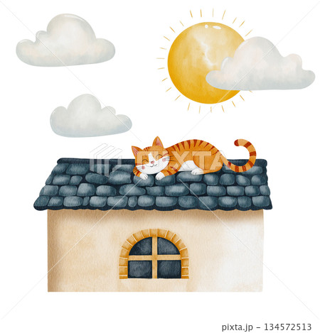 Cute ginger tabby kitten naps peacefully on dark blue tile roof under sunny sky. Watercolor hand-drawn illustration, isolated on white background. For kids' room decor and nursery, cards and designs Cute ginger tabby kitten naps peacefully on dark blue tile roof under sunny sky. Watercolor hand-drawn illustration, isolated on white background. For kids' room decor and nursery, cards and designs 134572513