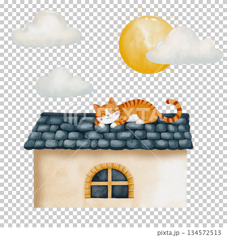 Cute ginger tabby kitten naps peacefully on dark blue tile roof under sunny sky. Watercolor hand-drawn illustration, isolated on white background. For kids' room decor and nursery, cards and designs Cute ginger tabby kitten naps peacefully on dark blue tile roof under sunny sky. Watercolor hand-drawn illustration, isolated on white background. For kids' room decor and nursery, cards and designs 134572513