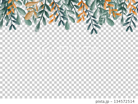 Elegant watercolor frame template with green and beige botanical twigs and leaves. White background with space for text. Hand-drawn border for wedding invitations, greeting cards and stationery 134572514