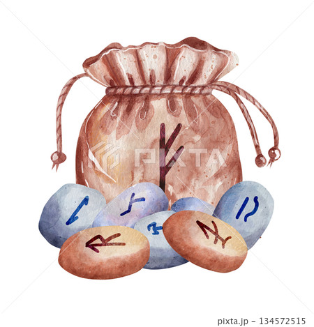 Watercolor illustration of a coarse fabric bag tied with string and ancient runic stones. Mystical composition, isolated on a white background. Concept of rituals, magical designs Watercolor illustration of a coarse fabric bag tied with string and ancient runic stones. Mystical composition, isolated on a white background. Concept of rituals, magical designs 134572515