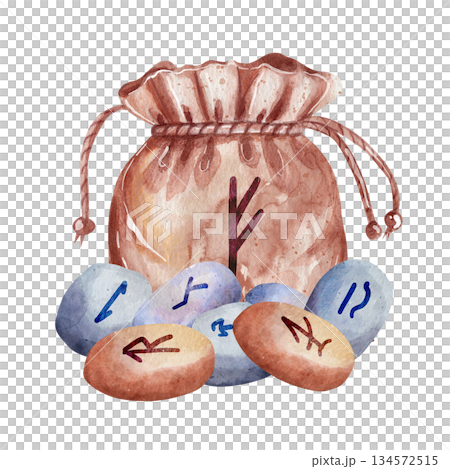 Watercolor illustration of a coarse fabric bag tied with string and ancient runic stones. Mystical composition, isolated on a white background. Concept of rituals, magical designs Watercolor illustration of a coarse fabric bag tied with string and ancient runic stones. Mystical composition, isolated on a white background. Concept of rituals, magical designs 134572515