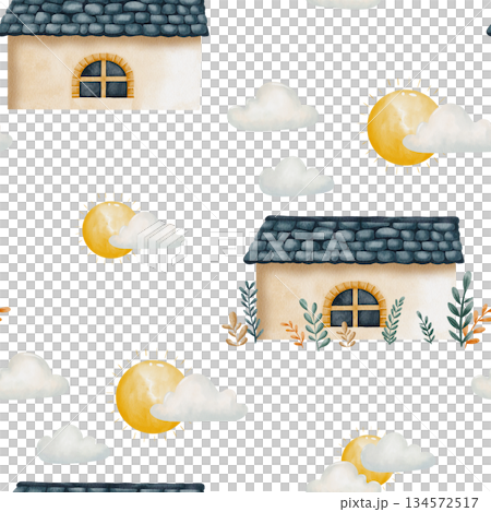 Seamless watercolor pattern with bright sun, clouds, tiled-roof house, and green plants. Landscape design for kids room wallpaper and nursery decor, fabric prints, wrapping paper, illustrations Seamless watercolor pattern with bright sun, clouds, tiled-roof house, and green plants. Landscape design for kids room wallpaper and nursery decor, fabric prints, wrapping paper, illustrations 134572517