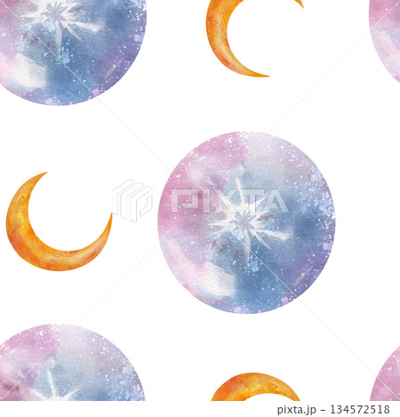 Mystical seamless watercolor pattern with magical purple balls and gold crescent moon. Hand-drawn celestial design on white background for occult wallpaper, esoteric fabric, wrapping paper, decor Mystical seamless watercolor pattern with magical purple balls and gold crescent moon. Hand-drawn celestial design on white background for occult wallpaper, esoteric fabric, wrapping paper, decor 134572518