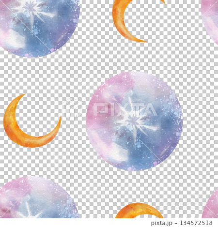 Mystical seamless watercolor pattern with magical purple balls and gold crescent moon. Hand-drawn celestial design on white background for occult wallpaper, esoteric fabric, wrapping paper, decor Mystical seamless watercolor pattern with magical purple balls and gold crescent moon. Hand-drawn celestial design on white background for occult wallpaper, esoteric fabric, wrapping paper, decor 134572518