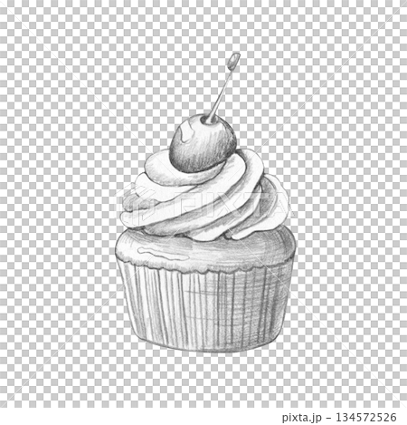 Illustration of a cupcake with cream and a cherry on top. Hand-drawn illustration in gray graphite pencil. Isolated on a white background. Sketch of sweets for cafe menus, parties, home packaging Illustration of a cupcake with cream and a cherry on top. Hand-drawn illustration in gray graphite pencil. Isolated on a white background. Sketch of sweets for cafe menus, parties, home packaging 134572526