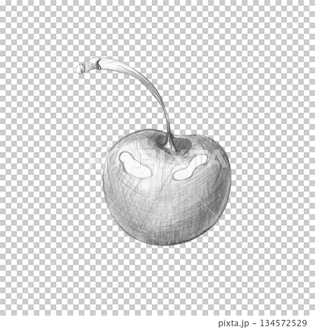 Simple graphite pencil drawing of single cherry berry on its stem. Realistic botanical sketch, isolated on white background. Illustration for healthy food concept, organic labels, and design element Simple graphite pencil drawing of single cherry berry on its stem. Realistic botanical sketch, isolated on white background. Illustration for healthy food concept, organic labels, and design element 134572529