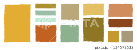 Vector set with doodle rectangular shapes in neutral autumn colors, Fun shapes with rough edges in earthy brown, mustard, green, sepia and ochre colors, graphic design elements, backgrounds, borders 134572532