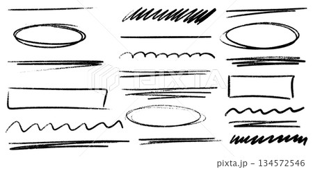 Hand drawn crayon highlight strokes with black underline marks and pencil textures. Rough freehand brush elements with wavy lines, doodle shapes and sketch effects for creative crayon designs. 134572546