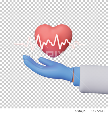 Caring 3d hand gently protecting a glowing healthy heart with a steady ecg line, symbolizing cardiology, healthcare, love, and wellness 134572612