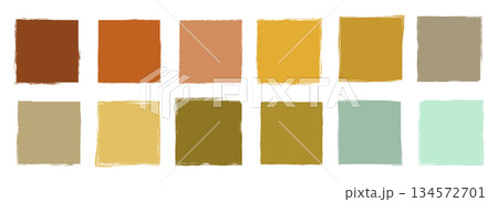 Vector set with square doodle box shapes with rough edges in neutral autumn colors, Graphic design elements in earthy brown, mustard, green, sepia and ochre colors 134572701