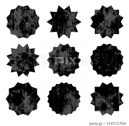 Set of black vector old starburst symbols. Vintage empty labels or stickers with texture for advertising, shop sales tags and promotions 134572704