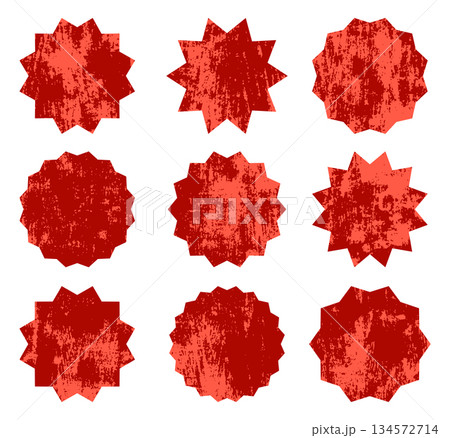 Red vector starburst symbols. Vintage labels or badges with texture for advertising and promotions 134572714