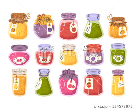 Sweet jam dessert jars and homemade treats glass bottles in colorful assortment isolated set 134572973