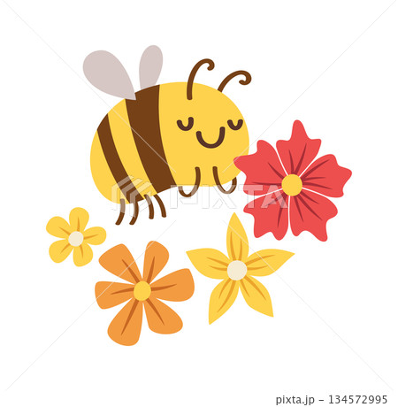 Honey bee flying over flowers 134572995