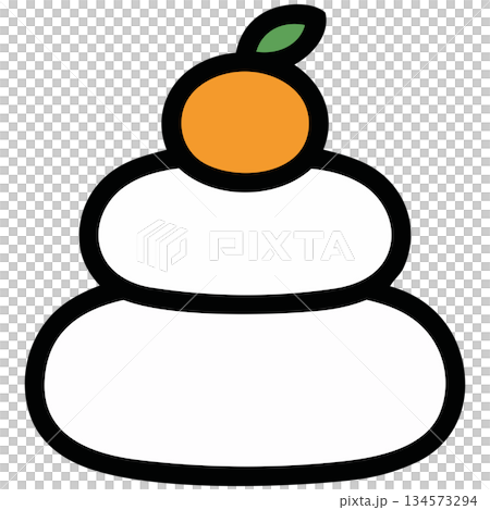 A simple depiction of a white Kagami mochi. The smooth roundness and orange coloring represent the beginning of a new year, rebirth, and a hopeful year ahead. 134573294