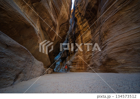 Tourist standing in narrow Siq canyon in ancient city of Petra, Jordan 134573512