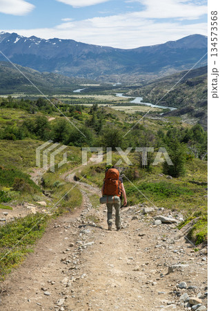 Hiker walking rugged trail toward Seron campsite, Torres del Paine, Chile 134573568
