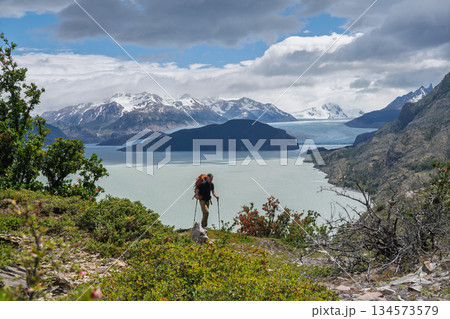 Hiker overlooking Glacier Grey and vast Lago Grey on O Circuit, Patagonia, Chile Hiker overlooking Glacier Grey and vast Lago Grey on O Circuit, Patagonia, Chile 134573579