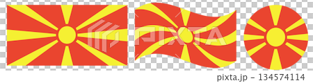Collection of North Macedonia flags. Waving flag, round flag in circle shape and rectangular flag of North Macedonia. Collection of North Macedonia flags. Waving flag, round flag in circle shape and rectangular flag of North Macedonia. 134574114