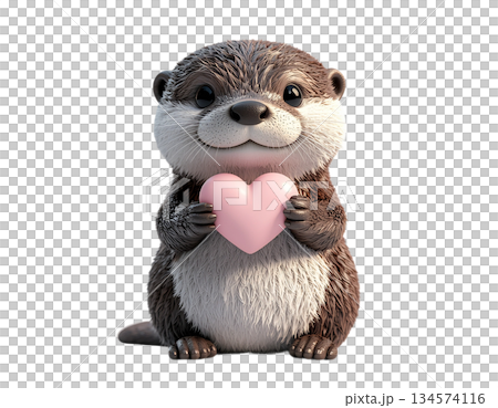 Adorable otter holding pink heart with love and affection 134574116
