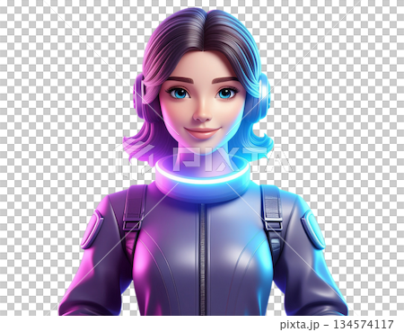 Futuristic woman in neon lit spacesuit with glowing blue and purple accents 134574117