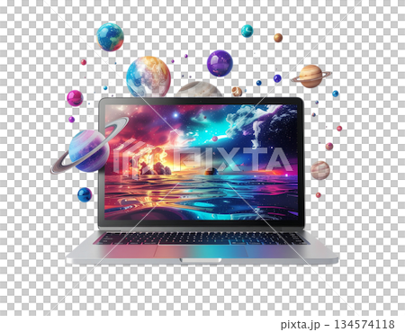 Vibrant laptop screen displays stunning galaxy scene with planets floating around 134574118