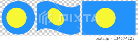 Set of Palau flags. Round flag of Palau isolated in circle. Waving flag of Palau. Set of Palau flags. Round flag of Palau isolated in circle. Waving flag of Palau. 134574125