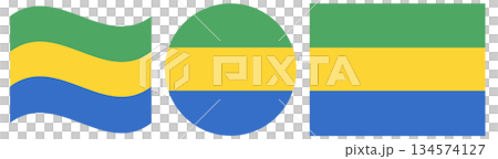 Collection of Gabon flags isolated: waving flag of Gabon, round flag of Gabon and rectangular flag of Gabon. 134574127