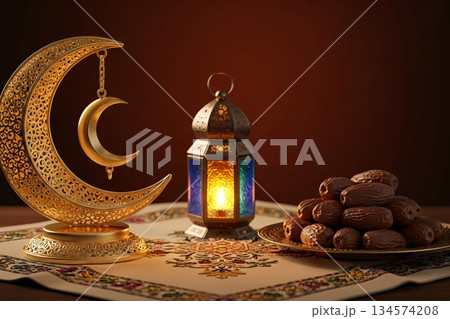 Crescent Moon Decor Islamic Symbol Dates Still Life Crescent Moon Decor Islamic Symbol Dates Still Life 134574208